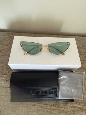Dior Gold Frame Cat-Eye Sunglasses with Green Lenses